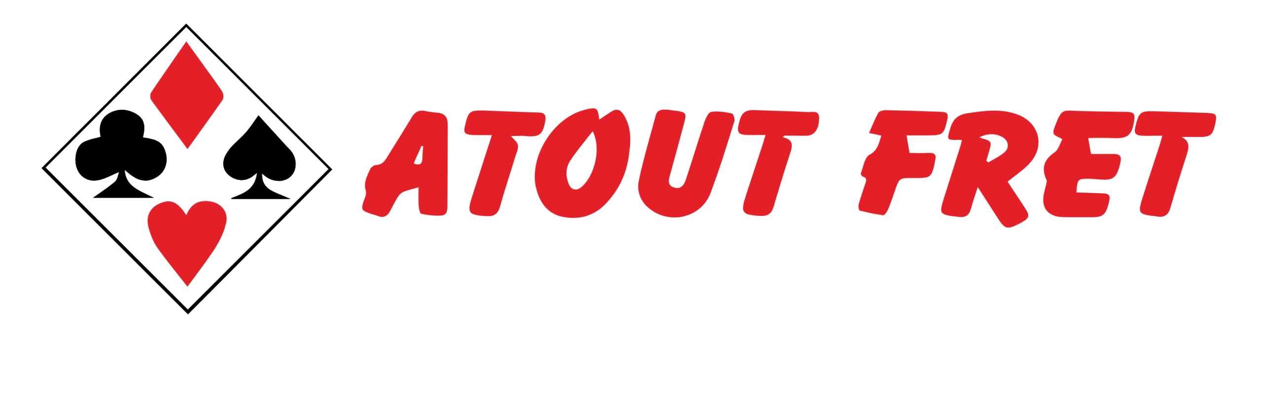 Logo d'atout fret représentant un losange en bordure noir avec les 4 différents as de couleur rouge et noir à l'intérieur, avec le nom de l'entreprise à droite en rouge