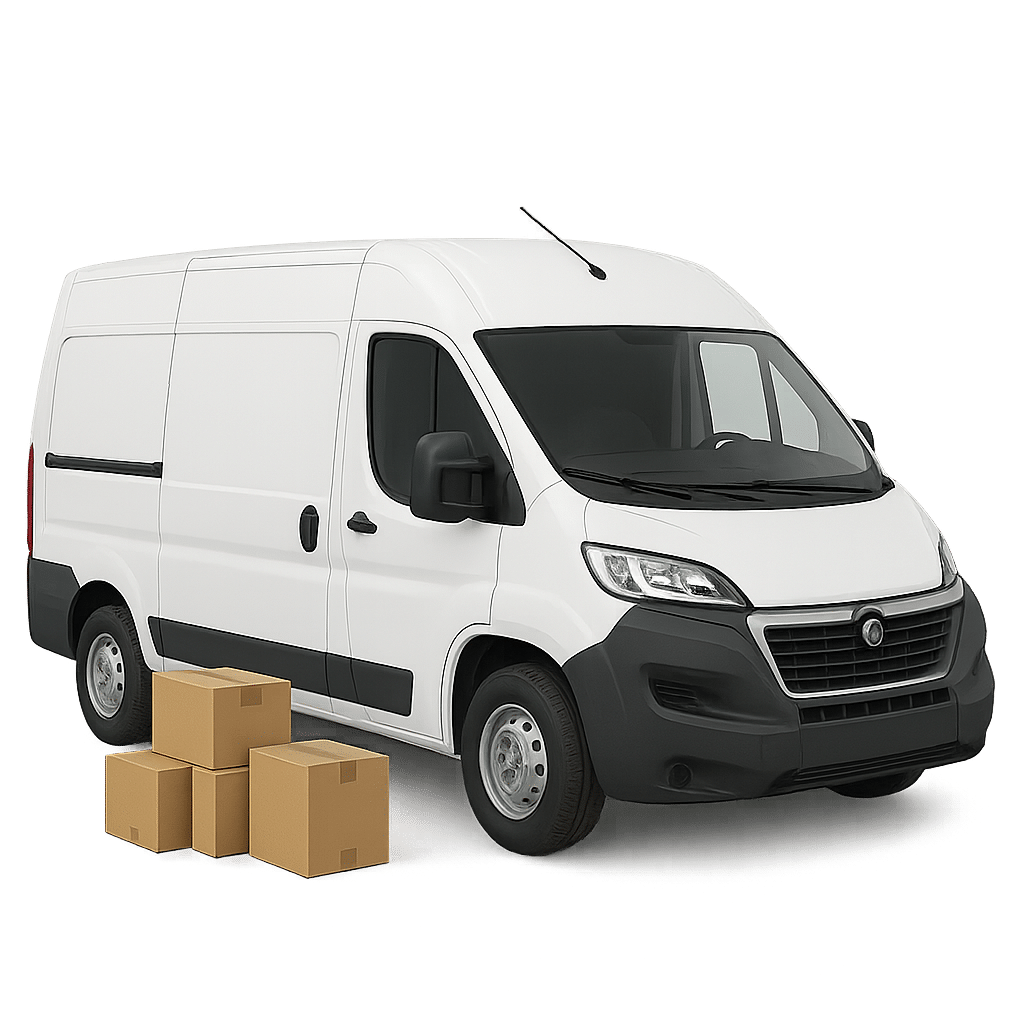 photo détourée d'une camionnette de transport de marchandise avec des cartons atout fret à côté